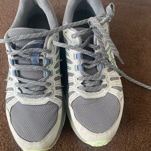 Gray and Blue Athletic Shoes